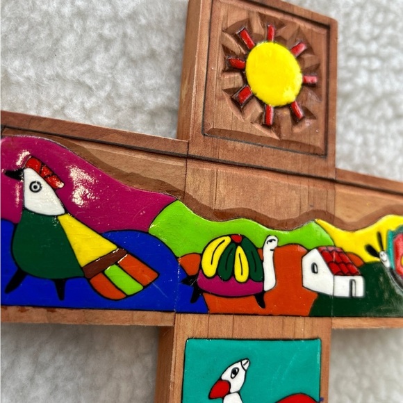 Wooden Cross with whimsical colorful animals tree butterfly sun 10" - Picture 4 of 12